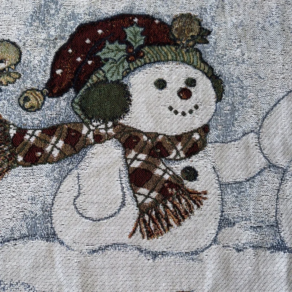 Christmas Winter Woven Tapestry Throw Snowman Fringe Woodland Creatures 52X47 In